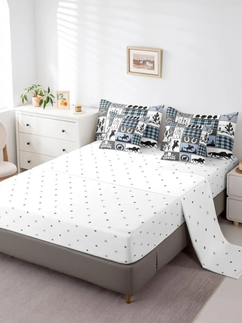 7 Pieces King Size Western Cowboy Kids Comforter Set,Horseshoes Cactus Rustic Fa